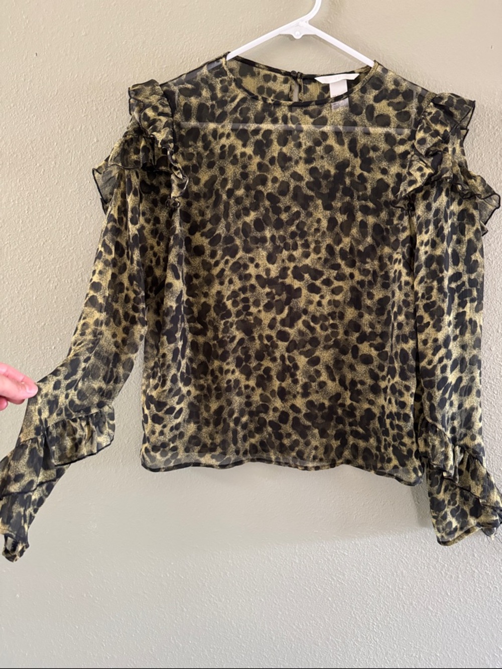H&M Olive and Black Sheer Leopard Ruffle Blouse sz 2